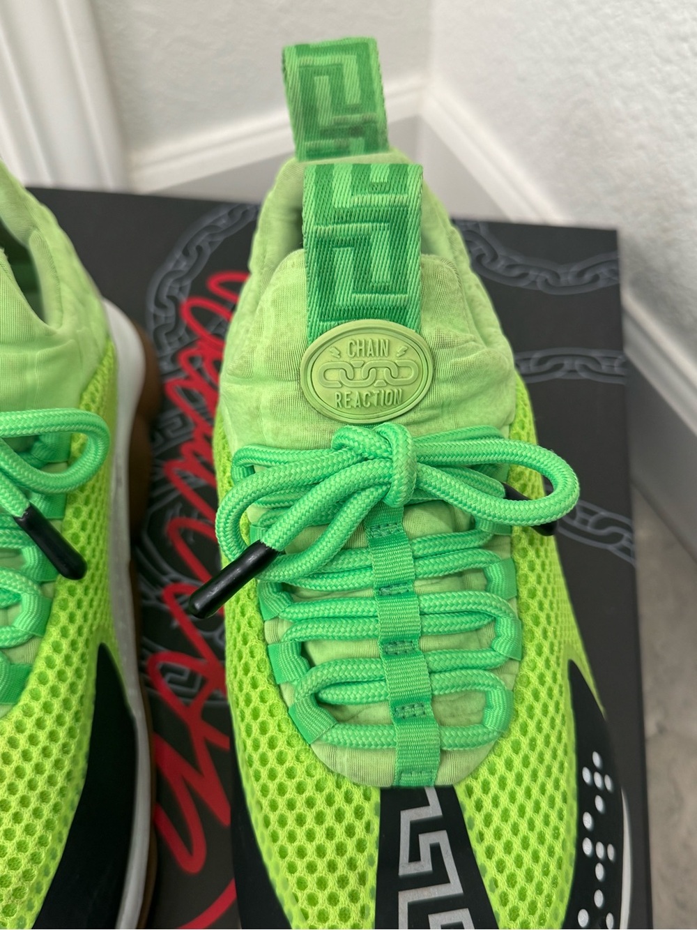 Versace Bright Green Mesh and Black Accent Sneakers - Picture 4 of 12